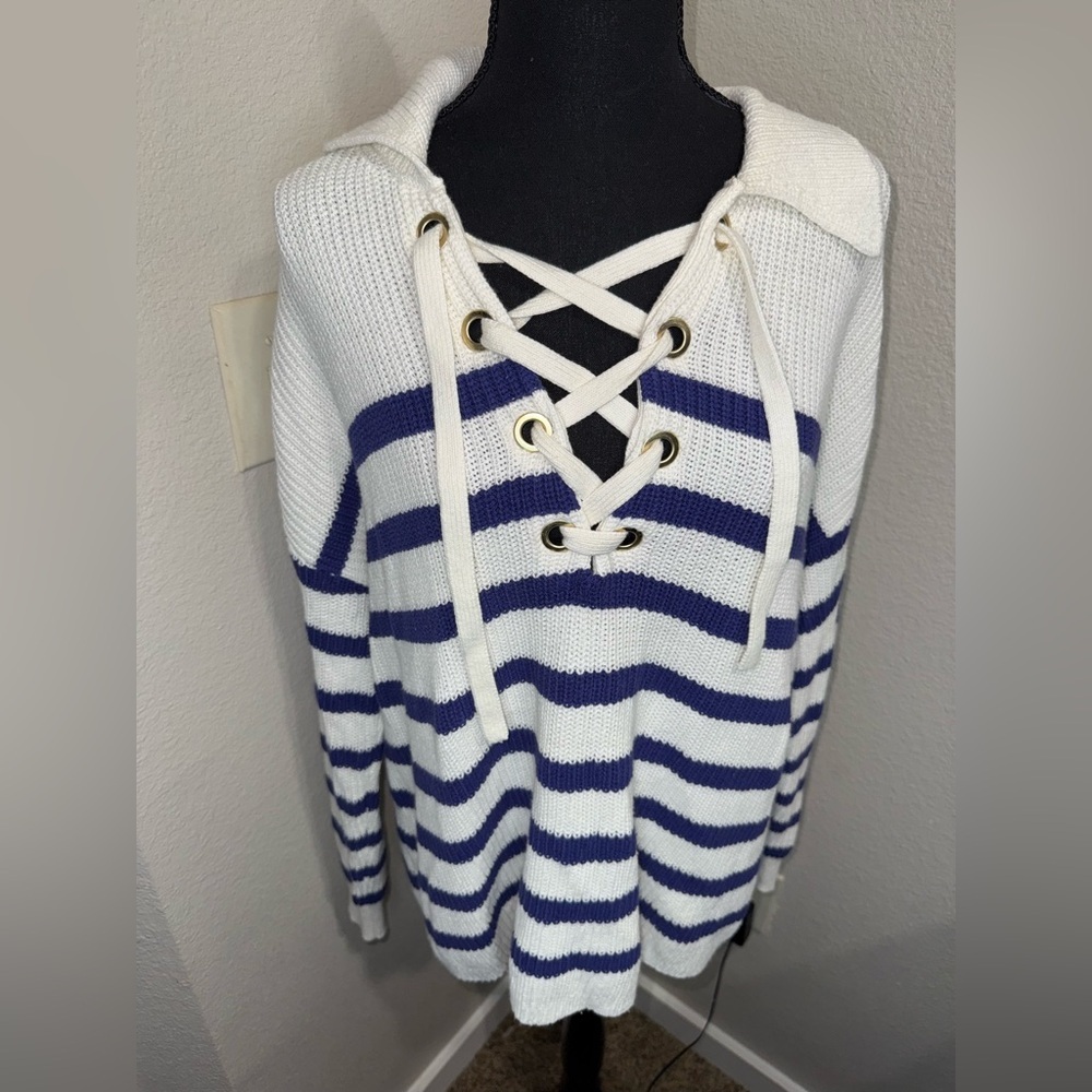 LOFT Striped‎ Lace-up Polo Sweater- Size Large